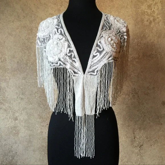 White Rose Sequin Glass Beaded/ Sequin FULL Wrap Chiffon Collar Shoulder Shawl - Picture 3 of 9